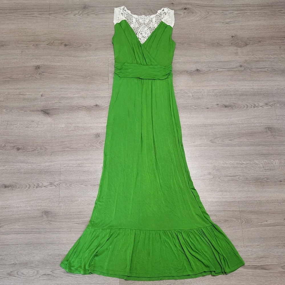 Green Crochet Lace Back Maxi Dress Ruffle Tiered Boho Womens size Small a.n.a